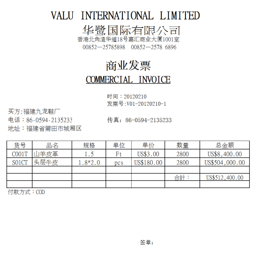 香港商業(yè)發(fā)票-銷售發(fā)票樣本